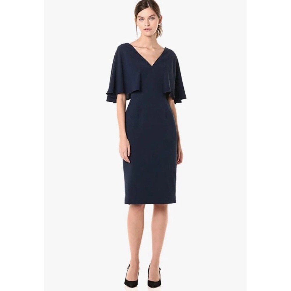 NEW Dress The Population Louisa Flutter Sleeve V Neck Sheath Midi Dress Black  M